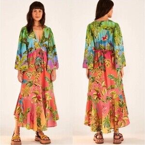 🦜 FARM RIO Ombre Forest Ruffle Tunic Dress Multi Color Women’s Small